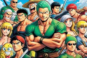 (Zoro), (((Goofy))), ((Leonardo)), (shonen), (Berserk), ((Spongebob)), (((Berserk art style))), 8k, illustration, group shot, group pic, flat linework, watercolor, poster colors, well drawn face, well drawn eyes, ((shonen manga)), hero pose, paper white background, high octane, moody, ink, style, lineart, LineAniAF, real_booster, comic book