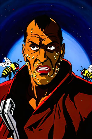 8k, anime illustration, (Tony Todd Candyman:1.5), (many bees crawling on face:1.5), (holding a crowbar:1.3), glaring, coat with thick fur collar, swarm of bees, menacing, dark place, horror, shadows, mysterious glow, sinister, horror movie, dramatic lighting, high contrast, cinematic, rim lighting, dynamic lighting