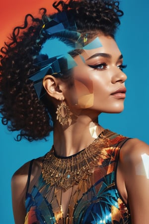 double exposure style, close up silhouette face of Zendaya looking at viewer, tall intricate bizarre dadaist avant garde hairstyle, pop art space age background, Alexander Calder forms