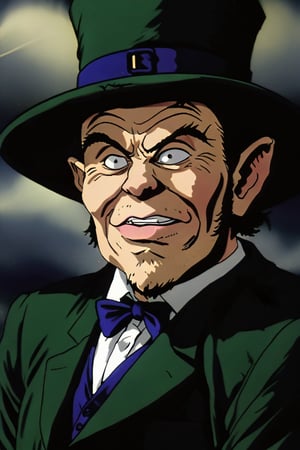 8k, anime illustration, (Warwick Davis Leprechaun:1.5), deep wrinkled face, ugly, laughing, dark green suit, dark green hat with buckle, dark place, horror, shadows, mysterious glow, sinister, horror movie, dramatic lighting, high contrast, cinematic, rim lighting, dynamic lighting