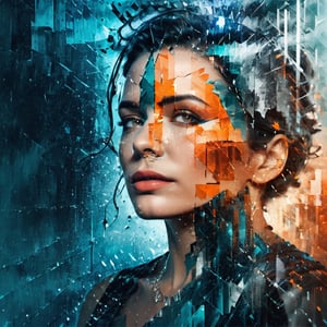 double exposure style, close up silhouette face of a sophisticated girl looking up, rainy new york city, fragmentation, fractured image, teal, orange, black, silver, expressive face, parted lips, emotional, pain, dismay