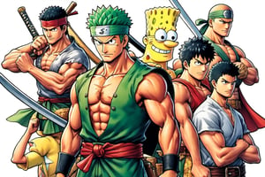 (Zoro), (((Goofy))), ((Leonardo)), (shonen), (Berserk), ((Spongebob)), (((Berserk art style))), 8k, illustration, splash page, group shot, group pic, flat linework, watercolor, poster colors, well drawn face, well drawn eyes, ((shonen manga)), hero pose, paper white background, amazing artwork, serendipity art, sharp focus, intricate details, highly detailed, ink, style, lineart, LineAniAF, real_booster, comic book