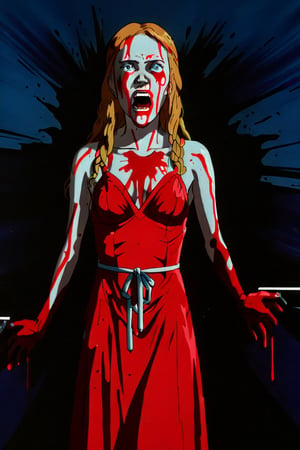 8k, anime illustration, (Carrie White:1.5), (hair covered in blood:1.3), (body covered in blood:1.3), (bloody prom dress), rage, screaming, horror, dark, mysterious glow, sinister, horror movie, dramatic lighting, high contrast, cinematic, rim lighting, dynamic lighting