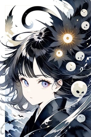 8k, illustration, (((Shinigami))), creepy, powerful, majestic, death motifs, Japanese afterlife, occult, dark, moody, spooky, eerie, Junji Ito, flat linework, watercolor, poster colors, well drawn face, well drawn eyes, action pose, dark creatures, high contrast, dramatic, amazing artwork, serendipity art, sharp focus, intricate details, highly detailed, masterpiece, best quality, lineart, linewatercolorsdxl, Flat vector art