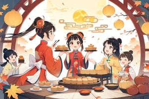 8k, highres, color illustration, midautumn_fes, ((colorful)), ((Chinese family enjoying mooncake dinner)), Mid-Autumn Festival, wearing traditional Mid-Autumn Festival costumes, (traditional Chinese home), ((autumn colors)), (expressive face), ((vivid)), cozy, cheerful, heartwarming, splash art, flat linework, poster colors, well drawn face, well drawn hands, action pose, cell shaded, high contrast, dramatic, amazing artwork, sharp focus, intricate details, highly detailed, high contrast, dramatic, masterpiece, best quality, lineart, Flat vector art