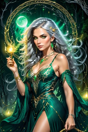 close up of beautiful witch queen looking at viewer, holding a golden magical rod, (well drawn hands), glowing eyes, long flowing hairstyle, silver hair, green strappy dress, low cut, pop art, mist, smoky, eerie, floating fairy lights, night forest background, moon, runes, Celtic motifs, Enhanced All