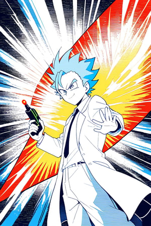 8k, highres, illustration, colorful, (((Rick Sanchez face) with vegeta hair and clothes)), (white lab coat), (expressive face), ((holding a ray gun)), ((vivid)), Akira Toriyama art, sci fi art, cosmic, splash art, flat linework, poster colors, well drawn face, well drawn hands, action pose, cell shaded, high contrast, dramatic, amazing artwork, sharp focus, intricate details, highly detailed, masterpiece, best quality, lineart,Flat vector art