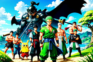 (Zoro), (Goofy), (Leonardo), (shonen), (Berserk), (Spongebob), ((Berserk art style)), 8k, illustration, group shot, group pic,  (shonen manga:1.3), hero pose, Japanese landscape, lineart, LineAniAF