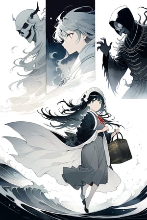 8k, illustration, (((Shinigami))), monster, creepy, powerful, majestic, death motifs, Japanese afterlife, occult, horror, dark, moody, spooky, eerie, flat linework, poster colors, well drawn face, well drawn eyes, action pose, dark creatures, cell shaded, high contrast, dramatic, amazing artwork, serendipity art, sharp focus, intricate details, highly detailed, masterpiece, best quality, lineart, linewatercolorsdxl, Flat vector art