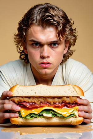 film photography, soft focus, (waist up), detailed hyper-realistic textures, (Anakin holding a (sloppy overstuffed sandwich):1.3), expressive face, (disgust:1.3), nausea, looking to the camera, tousled hair, big eyes, parted lips, realistic, hyperrealistic skin, porosity in the skin, dynamic pose, complex and detailed masterpiece, intense and bright eyes, sun rays, golden, best quality, minimalist background, intricately detailed, film, ultra very detailed, small details, beautiful details, mystical, luminism