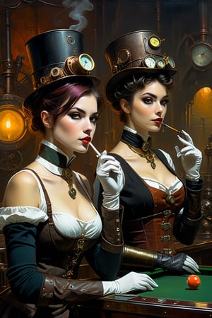 oil painting, painterly, 2girls, side by side, (steampunk girl smoking 1 billiard pipe:1.5), (clockwork robot girl:1.3), (victorian attire:1.3), short tousled hair, (ironworks:1.3), steam, parted lips, (expressive face), eyes wide open, well drawn hands, moody, Gerald Brom, Vicente Segrelles, Frank Frazetta, fantasy art, intricately detailed, detailed matte painting, moody, dramatic lighting, Movie Still, more detail XL