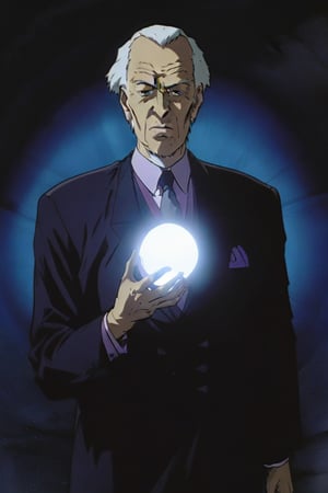 8k, anime illustration, (Tall Man:1.5), (Phantasm), (holding a small metal orb), old man, white hair, formal suit, funeral suit, horror, dark, mysterious glow, sinister, horror movie, dramatic lighting, high contrast, cinematic, rim lighting, dynamic lighting