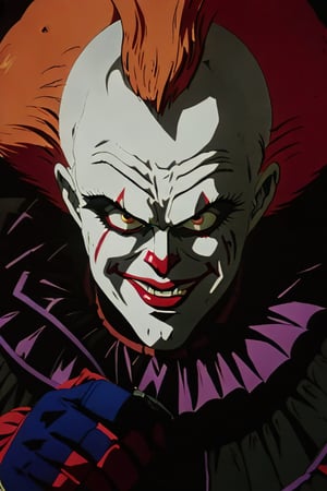 8k, anime illustration, (pennywise the clown:1.5) (big pirate hat:1.3), (big clown nose:1.3), (razorclaw glove:1.3), evil grin, teeth, waist up, horror, dark, sinister, horror movie, dramatic lighting, cinematic, rim lighting, dynamic lighting