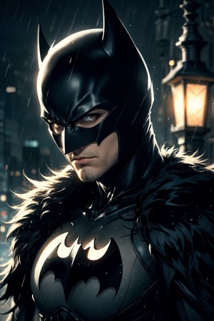 High quality, best quality, masterpiece, HD, detailed, high_res Batman scowling ahead in the darkness, rain falling, nocturnal cityscape, ominous clouds, moonlight, cinema lighting, close-up of the head