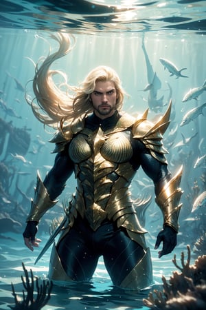 High quality, best quality, masterpiece, HD, detailed, high resolution
Powerful, Regal, Commanding, Aquatic, Heroic

Aquaman, the formidable ruler of the vast ocean depths, stands tall with an air of regality and authority. Adorned in a resplendent gold armor, he exudes a powerful presence that resonates with his deep connection to the sea. With his unrivaled control over the aquatic realm, he reigns with an unwavering command, fearless and undeterred, even in the face of turbulent seas. As the protector of the underwater world, he embodies true heroism, embodying the very essence of strength and courage.