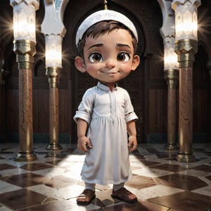 Boy happy ,muslim, male face, Smile, no glasses, short hair, white skin,  brown eyes, white shirt, muslim dress, brown skin color, dwarf full body, brown eyes, full body, 3d, chibi pixar style, hdr, 8k, subsurface scattering, specular lighting, high resolution, rendering octane, ray tracing, neon,pray at mosque, mecca