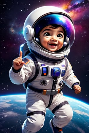 Little Muslim boy dressed as an astronaut cheering with an open helmet, floating in space, high contrast, galaxy background,full body, photorealistic digital painting by a talented artist, bright and saturated color scheme, highly detailed 8K resolution octane render portrait,render portrait ,3d, chibi pixar style
