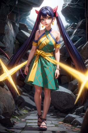 Masterpiece, Best quality, High resolutions, long spiky, brush-colored hair, up to the waist. Her eyes are also blue and she wears silver cross-shaped earrings., Aawendy, long hair, twintails, hair ornament, bare shoulders, light green dress with yellow stripes.