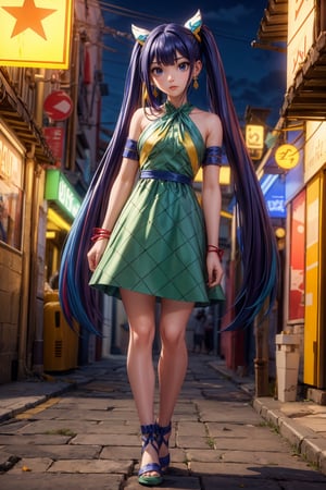 Masterpiece, Best quality, High resolutions, long navy blue hair, with straight bangs and a colorful ribbon on the head. Her eyes are also blue and she wears silver cross-shaped earrings., Aawendy, long hair, twintails, hair ornament, bare shoulders, light green dress with yellow stripes.