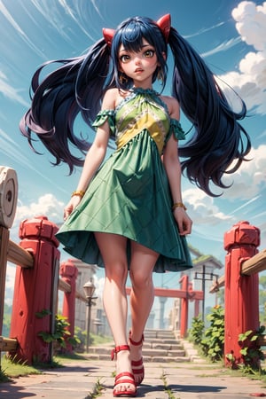 Masterpiece, Best quality, High resolutions, long spiky, brush-colored hair, up to the waist. Her eyes are also blue and she wears silver cross-shaped earrings., Aawendy, long hair, twintails, hair ornament, bare shoulders, light green dress with yellow stripes.,aawendy