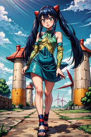 Masterpiece, Best quality, High resolutions, long navy blue hair, with straight bangs and a colorful headband. Her eyes are also blue and she wears silver cross-shaped earrings., Aawendy, long hair, pigtails, hair ornament, bare shoulders, light green dress with yellow stripes., Aawendy, hair ornament, green dress, dress without sleeves, fairy tail, wind energy effects, aawendy, girl,aawendy