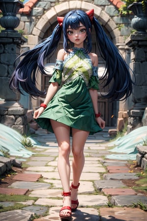 Masterpiece, Best quality, High resolutions, long spiky, brush-colored hair, up to the waist. Her eyes are also blue and she wears silver cross-shaped earrings., Aawendy, long hair, twintails, hair ornament, bare shoulders, light green dress with yellow stripes.,aawendy