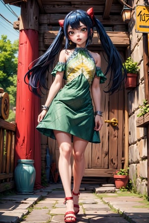 Masterpiece, Best quality, High resolutions, long spiky, brush-colored hair, up to the waist. Her eyes are also blue and she wears silver cross-shaped earrings., Aawendy, long hair, twintails, hair ornament, bare shoulders, light green dress with yellow stripes.,aawendy