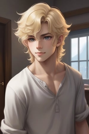 {{boy tall}} blond hair currly play games rpg in room