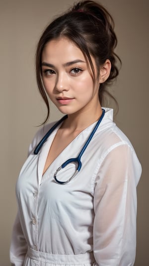 A 16-year-old girl with a ponytail hairstyle and a female doctor's coat over a white shirt, stands confidently in front of a subtle gradient background. Her highly detailed face is lit with perfect lighting, showcasing her very complicated yet flawless features. The dramatic shadow beneath her eyes adds depth to her gaze, as she looks directly at the viewer with a slight smile (0.4). Ray tracing enhances the overall shine on her skin, making it look radiant and flawless.