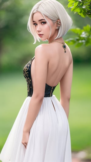 short white hair, 1girl, accessories, piercing, intricate background, fantasy, mythical, misterious, masterpiece, best quality, dynamic angle, cinematic composition, detailed face