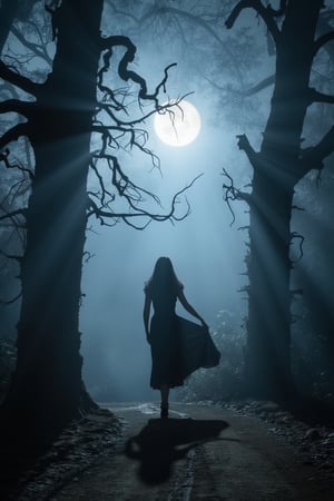 A woman's silhouette emerges from the misty veil of a dark fantasy forest, her long dress fluttering behind like a dark wing. The trees' twisted branches reach for her like skeletal fingers, illuminated by an eerie moonlight that casts long shadows across the dirt path. In the 3v3 composition, the woman's figure is framed by the central tree trunk, while the two flanking trees create a sense of depth and foreboding.