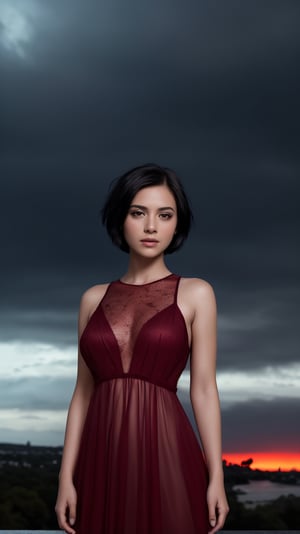 {extremely detailed, beautiful dark silhouette of a female in a red dress:see-through}, (short hair), (detailed face), dramatic sky, heavy backdrop lights, dramatic background, lots of detail, sharp focus,