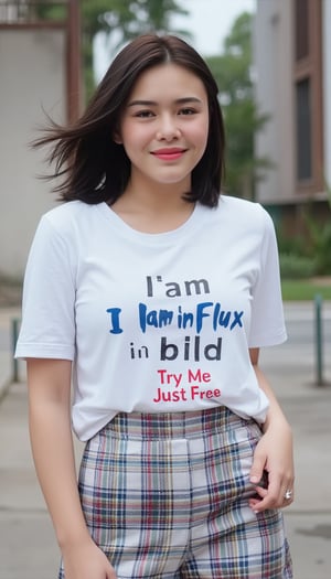 Captured at eye-level, a medium-sized young woman with long dark brown hair, wearing a white bule shirt and a plaid miniskirt. The woman's shirt reads "I'am in Flux" In bild Blue letters, "Try Me" in bold red letters, "Just Free" in black letters. Dynamic pose The background is blurred, with a building on the right side of the frame. 