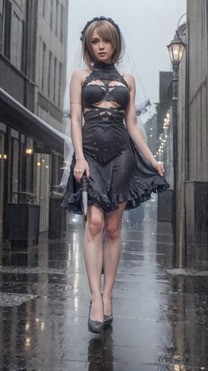A moody street scene: a petite girl with light hazel hair and freckles, wearing a frill dress and emo gothic makeup, confidently walks under streetlights. Her drenched hair clings to her skin as she holds a sword, The low-angle shot (1.3) from below (1.3) captures the studio light framing her figure against the rain-soaked atmosphere. 