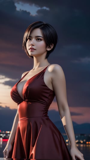 {extremely detailed, beautiful dark silhouette of a female in a red dress:see-through}, (short hair), (detailed face), dramatic sky, heavy backdrop lights, dramatic background, lots of detail, sharp focus,