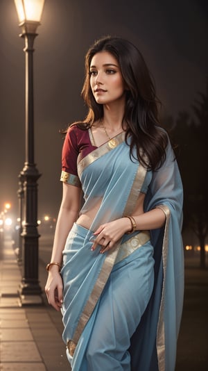 realistic, standing, A pretty woman, Affectionate touch, saree, small breast, hairpin, exducing-sfabric, Long hair, Low key lighting, high contrast,detailed, in A foggy ethereal night time background, Cinema,INDIAN 