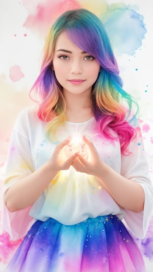 A woman with her hands holding a glowing light in her hands, ethereal, on a white background, with watercolor splatter, an interplay of pastel hues and rainbow colors, with a double exposure effect, golden rays emanating from the center, a soft glow, a mysterious aura, ethereally beautiful, with soft edges, delicate details, a celestial energy radiance, whimsical, a surreal atmosphere, dreamy, with watercolor splashes in the style of Yoji Shinkawa and colorful pastel tones in the style of Greg Rutkowski, with detailed light effects, dreamy and ethereal, with delicate brushstrokes, high quality, high resolution, high detail