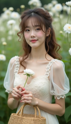 A masterpiece of feminine elegance, captured in 4K clarity. A young woman, with curly or messy brown hair, gazes directly at the viewer from a picturesque outdoor setting. She wears a stunning see-through dress with short sleeves and holds a delicate flower, its petals unfolding like a rose's. The intricate details of her basket-adorned outfit are showcased against a soft focus backdrop, where white flowers bloom amidst lush greenery. Her lips, painted a subtle pink hue, curve into a gentle smile, inviting the viewer to step into this serene scene.