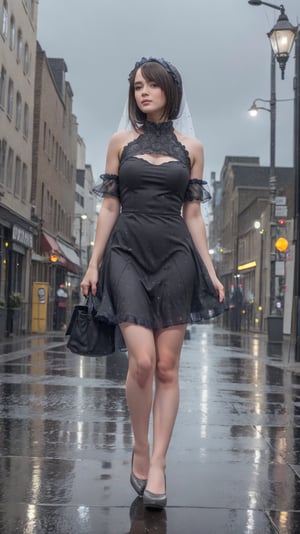 A moody street scene: A petite girl with light hazel hair and freckles, wearing a frilled dress and bold emo gothic makeup, confidently strides under the soft glow of streetlights, her drenched hair clinging to her skin, Framed by the low-angle shot (1.3) from below (1.3), the studio light casts an atmospheric gloom, defining her figure against the rain-soaked pavement and dark night sky.
