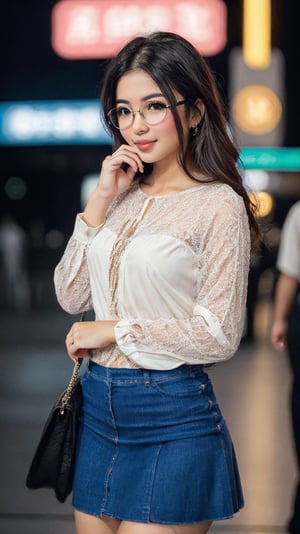 In a stunning RAW photo moment, a breathtakingly beautiful girl posing elegantly at a Tokyo train station's city lights backdrop, megane glasses perched on her finely chiseled nose, eyes rendered in exquisite detail. Soft light highlights her slender body as she strikes a dynamic pose, blouse and skirt flowing effortlessly. The scene is set against the vibrant neon lights of the city, with a shallow depth of field (bokeh: 1.3) emphasizing the girl's radiant beauty amidst the urban bustle.
