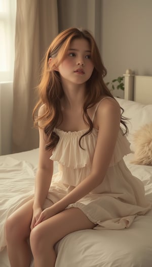 A serene scene unfolds: a girls full-body portrait, radiating innocence in her Generation 1-girl pose. She sits on the edge of her bed, adorned in cozy dress, bathed in soft, warm lighting that accentuates her gentle features. Her relaxed posture conveys quiet introspection as she gazes off into the distance, a look of contemplation etched on her face.