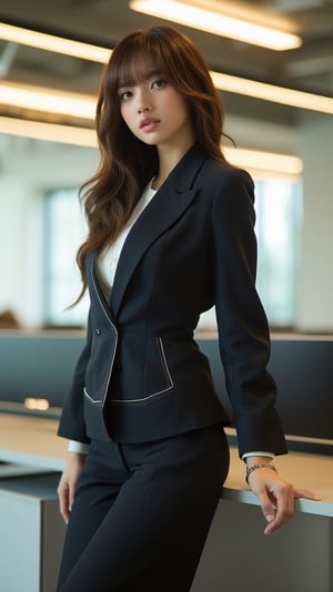 A close-up shot of a single girl long brown hair, bangs, dressed in a crisp office uniform, stands confidently in front of a sleek office bench. The bright fluorescent lighting above casts a warm glow on her professional attire, highlighting the stitching and creases. Her pose is strong and assertive, with one hand resting lightly on the edge of the bench as she looks directly at the camera.