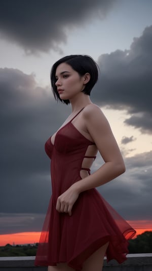 {extremely detailed, beautiful dark silhouette of a female in a red dress:see-through}, (short hair), (detailed face), dramatic sky, heavy backdrop lights, dramatic background, lots of detail, sharp focus,