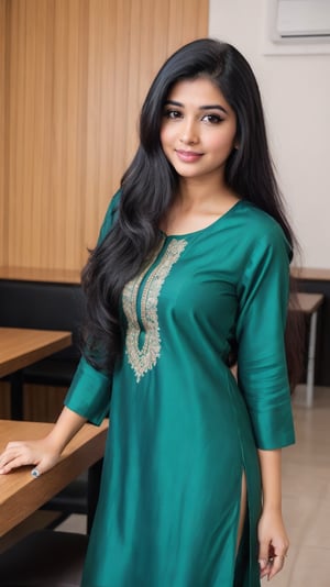 Lovely cute young attractive indian  girl, 35 years old, cute model, long black_hair, black  hair, They are wearing a   green kurta, and she is sit in coffee shop, 