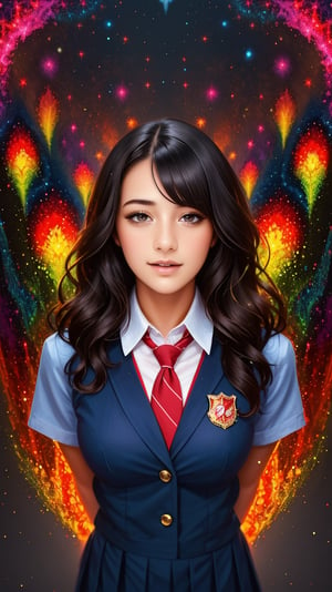 (1girl:1.2), cute, extreme detailed, (abstract, fractal art),(black_hair:1.1), colorful,highest detailed, facing_viewer, lightning, ewelry:1.4, school uniform, long curly wave hair, full_body, ,school uniform, 