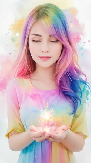 A woman with her hands holding a glowing light in her hands, ethereal, on a white background, with watercolor splatter, an interplay of pastel hues and rainbow colors, with a double exposure effect, golden rays emanating from the center, a soft glow, a mysterious aura, ethereally beautiful, with soft edges, delicate details, a celestial energy radiance, whimsical, a surreal atmosphere, dreamy, with watercolor splashes in the style of Yoji Shinkawa and colorful pastel tones in the style of Greg Rutkowski, with detailed light effects, dreamy and ethereal, with delicate brushstrokes, high quality, high resolution, high detail