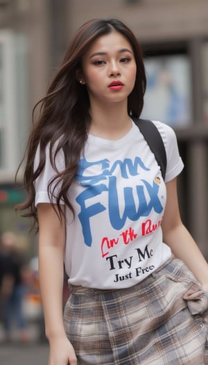 Captured at eye-level, a medium-sized young woman with long dark brown hair, wearing a white bule shirt and a plaid miniskirt. The woman's shirt reads "I'am in Flux" In bild Blue letters, "Try Me" in bold red letters, "Just Free" in black letters. Dynamic pose The background is blurred, with a building on the right side of the frame. 