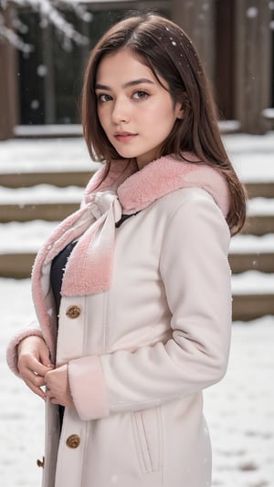 best quality,HDR,UHD,8K,Vivid Colors,solo,photo_,(1girl:1.3),(standing:1.3),(looking at viewer:1.4),Elegant,detailed gorgeous face,(upper body:1.2),bright,(snowing background:1.2),(pale skin:1.4),,Twinkle,pink coat,fur collar,bow