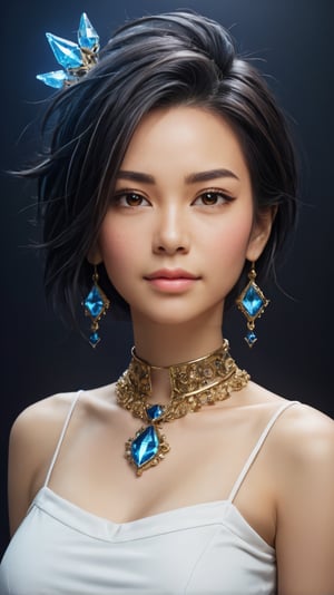 Intricate skeletal decorations adorn a stunning digital art statue of a woman, inspired by the gothic flair of Tomasz Alen Kopera. The 8K close-up showcases a beautiful Thai-mix model with short black hair styled in an updo, gazing directly at the viewer with a cyborg's mechanical enhancements. A firearm rests beside her, as vibrant cosmic stars and colorful light particles dance across her back, illuminated by an ethereal glow. Paint drips artfully down her digital form, blending seamlessly with the surrounding cosmic backdrop.
