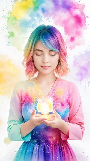 A woman with her hands holding a glowing light in her hands, ethereal, on a white background, with watercolor splatter, an interplay of pastel hues and rainbow colors, with a double exposure effect, golden rays emanating from the center, a soft glow, a mysterious aura, ethereally beautiful, with soft edges, delicate details, a celestial energy radiance, whimsical, a surreal atmosphere, dreamy, with watercolor splashes in the style of Yoji Shinkawa and colorful pastel tones in the style of Greg Rutkowski, with detailed light effects, dreamy and ethereal, with delicate brushstrokes, high quality, high resolution, high detail